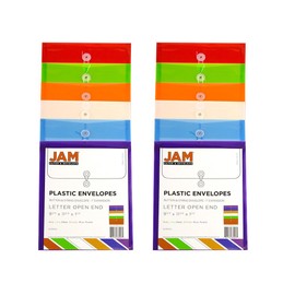 JAM PAPER Plastic Envelopes with Button & String Tie Closure - Letter Open End - 9 3/4 x 11 3/4 - Assorted Colors - 12/Pack