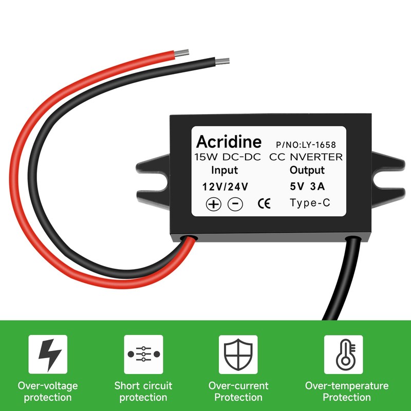 2-Pack DC 12V/24V to 5V USB C Buck Converter 3A