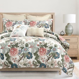 Lush Decor Sydney Floral Comforter Set, 7 Piece Set, King, Green & Blue - Elegant & Colorful Floral Bedding Set with Euro Shams & Throw Pillows - Vintage & Country Cottage Bedroom Decor