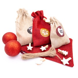 DIY Advent Calendar Set for Filling - 24 Beige and Red Fabric Bags with Number Stickers, Wooden Pegs and Cord for Christmas