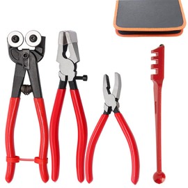 4Pcs Glass Cutting Tool Kit, Including Wheeled Glass Tile Nipper, Glass Running Pliers, Glass Breaking Pliers and Glass Cutter for Stained Glass, Tile, Mosaic Cutting