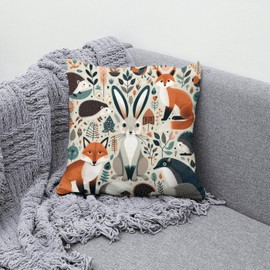 The Beach Stop Decorative Woodland Animal Themed Accent Cushion Cover | Bunny Rabbit Fox Hedgehog Unique Home Decor Inspo | Gift Idea | 45x45cm 18x18” | Woodland Themed