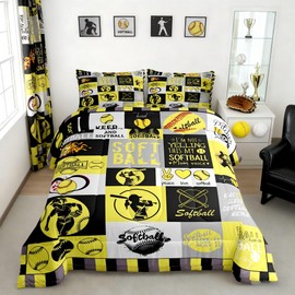 Castle Fairy Softball Comforter Set Queen Size Sports Grid Bedding Set for Kids Boys Girls Bedroom Decoration Yellow Black Gray Bed Duvet Insert Ocean Comforter with 2 Pillowcase
