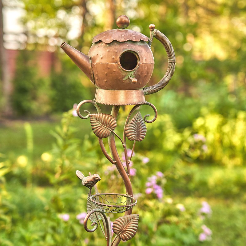 Zaer Ltd. Copper Colored Teapot Birdhouse Garden Stakes (Style 6)