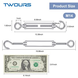 Hook & Eye Turnbuckles Twours 304 Stainless Steel Heavy Duty Turnbuckle Wire Rope Cable Tensioner Adjustable C to O Turnbuckle for Shade Sail (35/64" (M14) - 2PCS)
