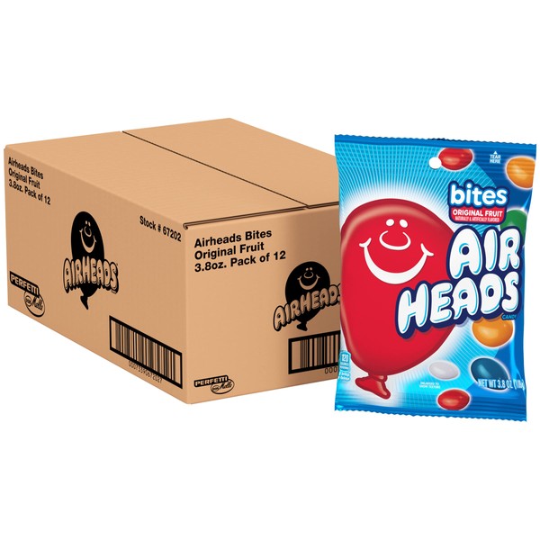 Airheads Candy, Bites, Assorted Fruit Flavor, Non Melting, Party, Pantry, 3.8 oz Bag, Box of 12 Bags