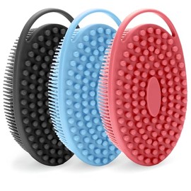 Silicone Scrubbers, Soft Silicone, Large Flat Head Design with Handle - Black, Blue & Watermelon Red, Reusable Loofah and Body Washer Scrubber