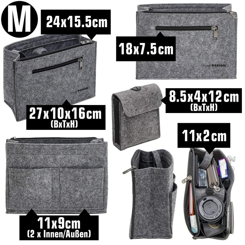 DuneDesign Felt Handbag Organiser 27x10x16cm Felt Bag Insert M Inner