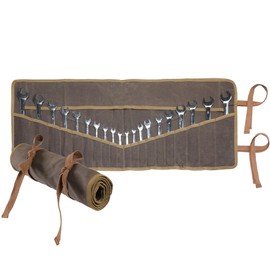 Tool Roll Up Bag, Heavy Duty 16oz Waxed Canvas Wrench Storage Roll for Metric & SAE Wrenches - with 20+4 Slots & Canvas Straps | Grey | 84 x 34cm