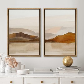 MUDECOR Framed Canvas Print Wall Art Pastel Brown Mountain Range Ocean Lake Wilderness Nature Illustrations Modern Art Decorative Calm/Relax Multicolor Rustic Minimal for Bedroom - 24"x36"x2 Natural