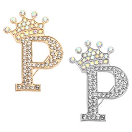 PATIKIL Letter Brooch Pins, 2 Pcs Crown Initial Rhinestone Alphabet P Letter Lapel Badges Pin for Women Suits Dress Coat Clothes Craft, Gold/Silver Tone