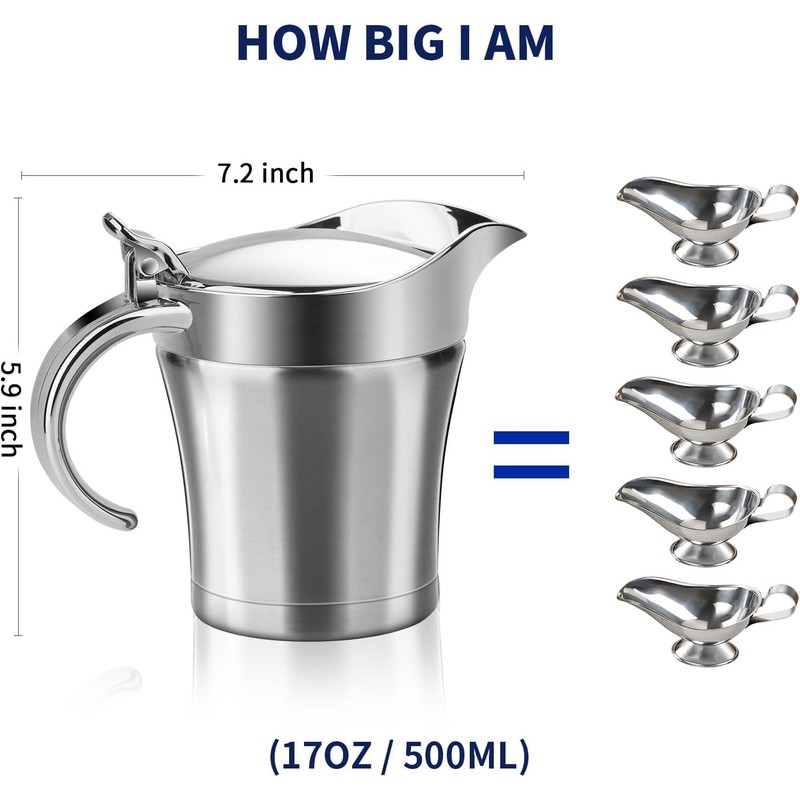 Stainless Steel Double Insulated Gravy Jug with Hinged Lid for