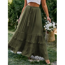 BerryGo Women's Plus Size Solid Ruffle Maxi Skirt Party Beach Elastic Waist Long Skirt with Belt Army Green 22