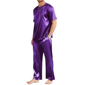 Ekouaer Men Satin Pajamas Set Short Sleeve Tops and Long Bottom Silky Lightweight Soft Sleepwear Nightwear Purple Medium