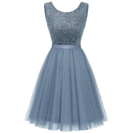 BeryLove Women's Short Sequin Party Dress Sleeveless Boat Neck Prom Wedding Formal Homecoming Dresses for Teens Cocktail Evening Gown S002 Grey Blue M