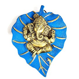 Sawcart Lord Ganesh/Ganesha/Ganpati On Paan Patta Leaf Decorative Religious Metal Wall Hanging For Home & Office Entrance Room Decor Feng Shui Vastu Special Housewarming Wedding gift (Blue)