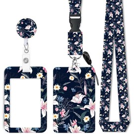 ID Badge Holder with Retractable Lanyard, Badge Holders Reel with 360 Degrees Rotate Carabiner Clip for Women, Teachers, Nurses, Doctor,Students, Office(Dark Blue Floral)