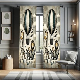 Ambesonne Animals Window Curtains, Nostalgia Feels Happy Tale of Animal Friends Giraffe Zebra Lion with Birds, Lightweight Decor 2-Panel Set with Rod Pocket, Pair of - 28" x 63", Dusk Dark Teal Ecru