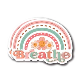 Breathe - Positive Hearts Sunflowers Smiley Face Rainbow Stickers - Premium Quality Vinyl Bumper Stickers 2-Pack | 5-Inch on Widest Side | Made in USA - FHJ483