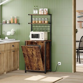 HOOBRO Bakers Rack with Trash Can Bin Cabinet, Microwave Stand with Power Outlet, 5-Tier Kitchen Coffee Bar Station with Storage Shelf for Dining Room, Living Room, Rustic Brown and Black BF22UHB01