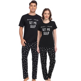 EISHOPEER Cotton Couple Pajama Set for Women Printed Short Shirt and Long Pants Sleepwear Black and Eyelashes Medium