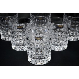 Czech BOHEMIAN CRYSTAL GLASS SET 1+6 PITCHER/CARAFE 33oz/1L.+6 GLASSES 8oz/250ml HEAVY BASE OLD FASHIONED STYLE WATER JUICE WINE COCKTAILS MIXED DRINKS ELEGANT DIAMOND DESIGN CRYSTAL GLASS