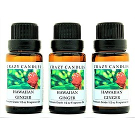 Crazy Candles Hawaiian Ginger 3 Bottles 1/2 Fl Oz Each (15ml) Premium Grade Scented Fragrance Oil (Frangipani, White Ginger,Plumeria and Water Aroma)