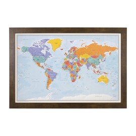 Push Pin World Travel Map with Rustic Brown Frame and Pins - Blue Oceans - 27.5 inches x 39.5 inches
