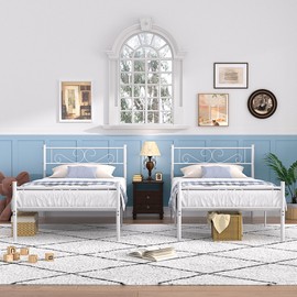 VECELO Twin Size Bed Frame with Headboard, 14 Inch Metal Platform Mattress Foundation, No Box Spring Needed, Easy Assembly, 2 PCS, White