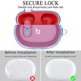 Beats Studio Buds/Studio Buds Plus Case Cover Clear 2021/2023 Men Lock Clip with Clean Kit, Wonjury Protective Case and Cleaning Pen Compatible with Beat Studio Bud Plus Women Girls Kids - Clear Blue