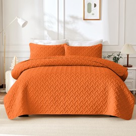 JYHOPE Ultrasonic Reversible Full Queen Size Quilt Set with 1 Quilt and 2 Pillow Shams, Soft and Lightweight Microfiber Coverlet for All Seasons, Water and Stain Resistant Bedspread(Orange,86x90)