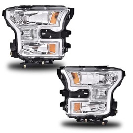 PIT66 Headlight Assembly Compatible with 2015 2016 2017 Ford F150 Replacement Head Lamps Left+Right Pair Headlamp Assembly Accessories Clear Lens Chrome Housing Amber Reflector