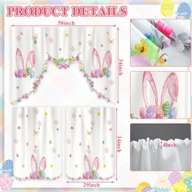 FuWeave 3 Pcs Easter Kitchen Curtains Bunny Egg Swag and Tiers Window Curtain Set Spring Rabbit Valance Printing Rod Pocket Curtain Farmhouse for Easter Kitchen 58 x 34'' Valance 29 x 34'' Tier(White)