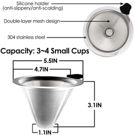 Swetwiny Pour Over Coffee Filter with Stand, Reusable Paperless Coffee Filter, Stainless Steel Cone Coffee Dripper for Chemex, Carafes and Coffee Makers, Double-Layer Mesh Design (3-4cups, 2pcs)