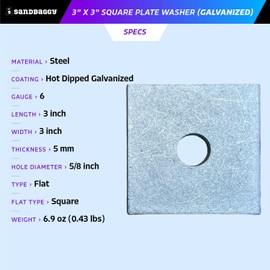Sandbaggy 3" x 3" Galvanized Flat Square Plate Washer - 5/8" Inside Diameter - 6 Gauge Steel - Bearing Plates for Anchor Bolts and Rods (150, 5/8" Inner Diameter)