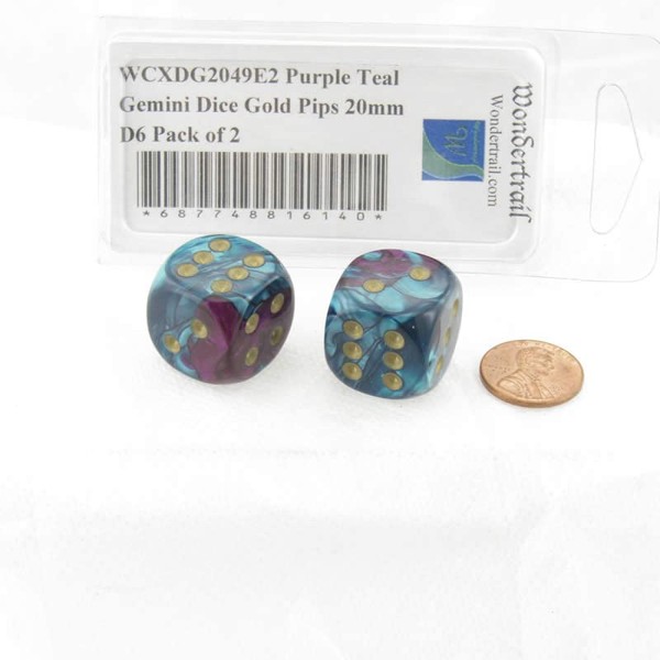 WCXDG2049E2 Purple and Teal Gemini Dice with Gold Pips 20mm (3/4in) D6 Pack of 2