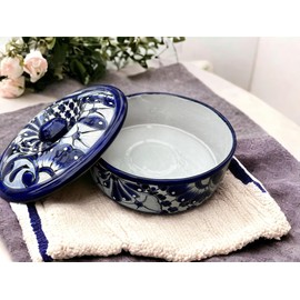 Handmade Blue & White Talavera Tortilla Bin | Mexican Pottery Tortilla Warmer 9"x4"