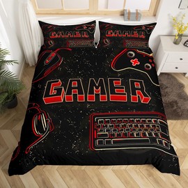 Gaming Bedding Set Queen,Black Red Gamepad Comforter Cover for Boys Girls,Kids Video Games Duvet Cover Set Console Game Bedspread Cover Fashion Teens Bedroom Decor 3 Pcs Bed Collection(No Comforter)