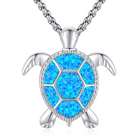 LOOVE Sterling Silver Blue Opal Turtle Necklace - Cute Animal Pendant for Women - Ocean Jewelry