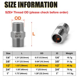 AQFTUSX 1/2 Inch Male Hex Nipple Pipe Fitting, 304 Stainless Steel NPT Threaded Connector, 1" NPT Male to Male Adapter, 2-Pack for Plumbing, Gas, Water (1/2",2pcs)