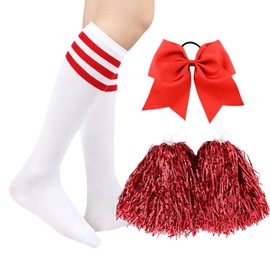 Lezevn 4pcs Cheerleader Costume Set Cheerleading Poms Hair Rope Socks for Dance, Sports Events, Party Decorations, School Spirit, Team Performances Costume Accessories