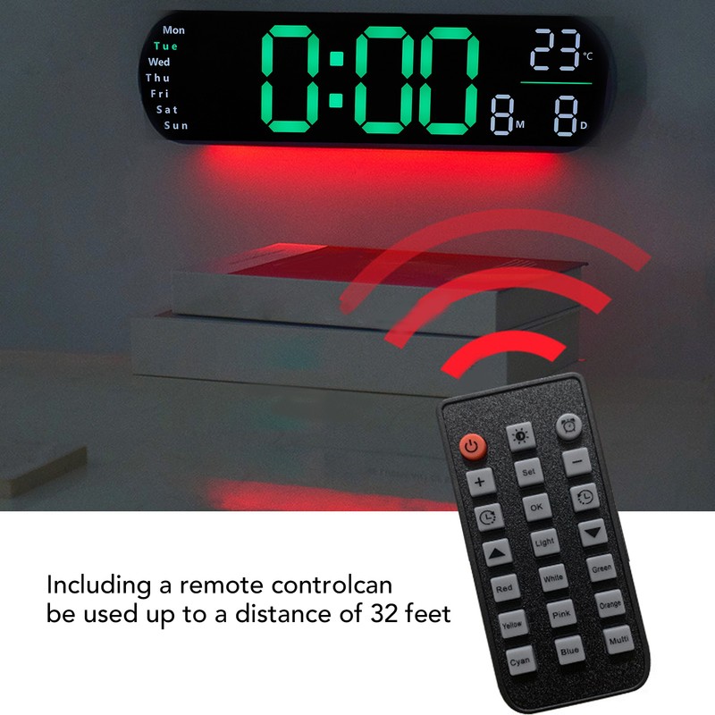 Digital Wall Clock Large Display with Remote Control Auto Brightness