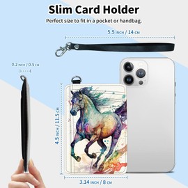 GFRGTFHYT Slim Minimalist Wallet for Men & Women [ Wrist Strap ] PU Leather RFID Blocking Front Pocket Credit Card Holder Small Wallets Card Cases with ID Window, Art Watercolor Horses