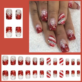 24Pcs Snowflake Press on Nails Christmas Fake Nails Glitter Snowflake French Tip False Nails with Nail Rhinestones Full Cover Nails, Xmas Holiday Red Stick on Nails for Winter DIY Manicure Decorations