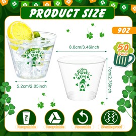 50 Pieces St Patricks Day Cups St Patrick's Day Disposable Plastic Cups Clear St Patrick's Day PET Cups Heavy Duty Hard Plastic Cups Lucky Irish Party Supply for Beer Beverage (9oz)