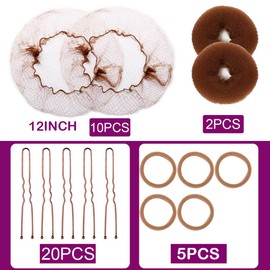 Hair Bun Maker Kit - 2pcs Small Donut Shapers, 10pcs Invisible Nets, 20pcs Bobby Pins, 5 Hair Bands, Light Brown