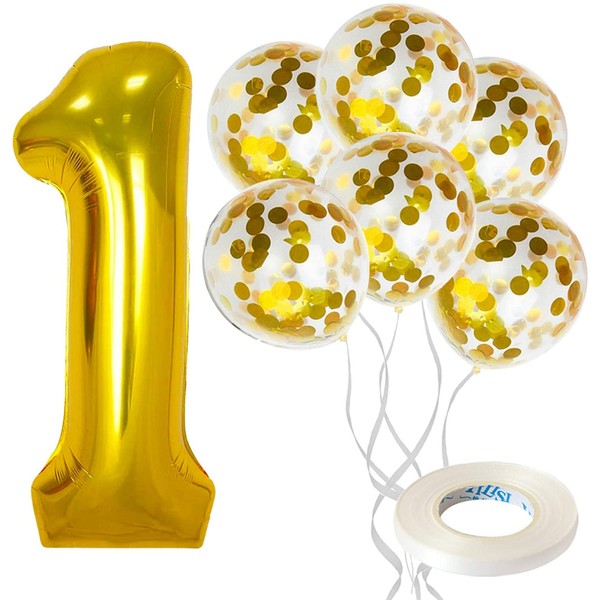 First Birthday Balloons for 1st Birthday Decorations - Large, 40 Inch | Gold Confetti Balloons with Gold Number 1 Balloon | One Balloon for First Birthday | 1st Birthday Balloons for Boys and Girls