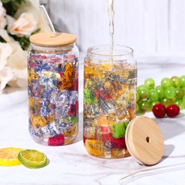 Cunhill 4 Set Glass Cups with Lids and Straws 16 oz Iced Coffee Cups with Lids Blue and White Flower Tumblers for Birthday Wedding Party Gifts Include 4 Cleaning Brushes