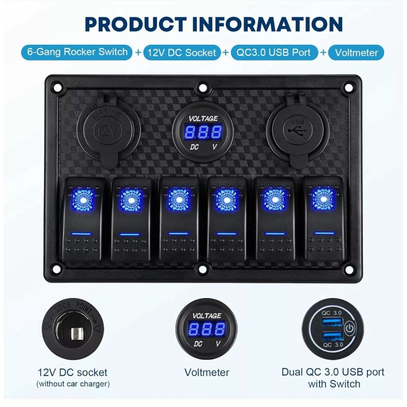 Universal 6 Gang Marine Boat Rocker Switch Panel Waterproof +