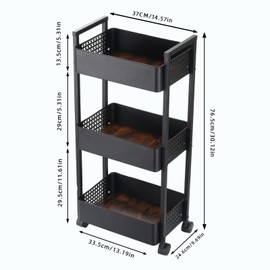 CHPHI 3 Tier Rolling Utility Cart Organizer, Stable and Sturdy Black Rolling Storage Carts with 2 Lockable Wheels,Perfect for Bathroom, Kitchen, Snack, Craft, Makeup, Baby Essentials